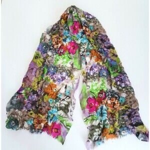 Anthropologie Erfurt of Denmark Floral Print Woven Scarf Wool Blend Crinkle 27X4